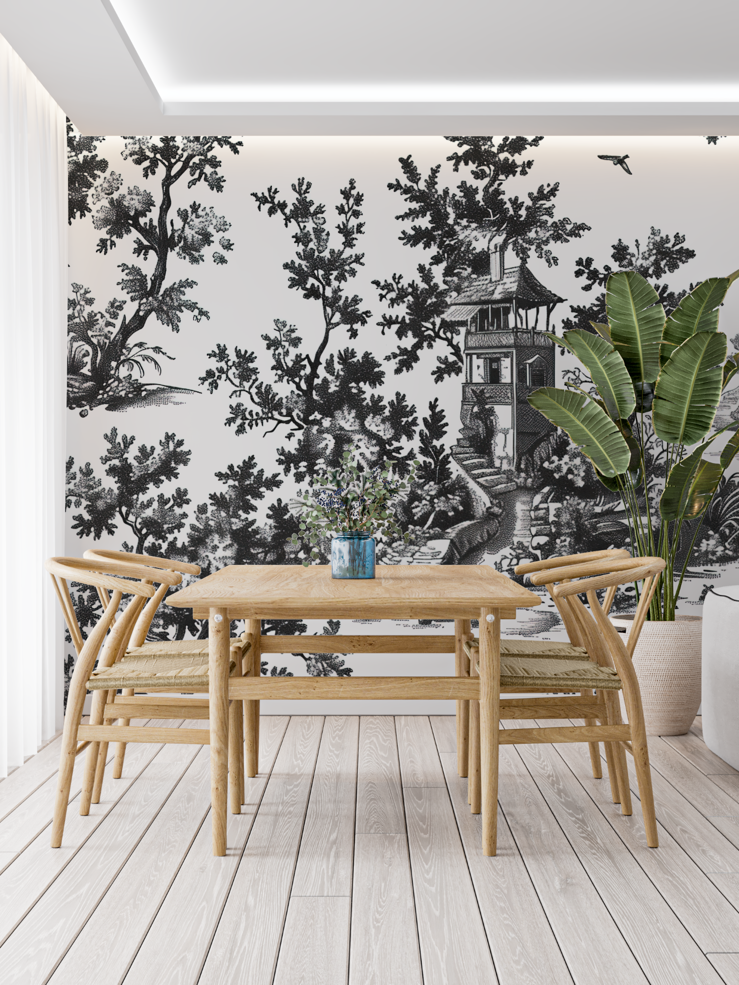 Toile-de-Jouy-Tapete in Schwarz-Weiß | Wandtapete