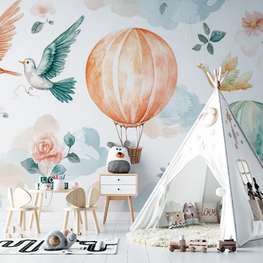 Hot Air Balloon and Exotic Birds Wallpaper | Murals Wallpaper