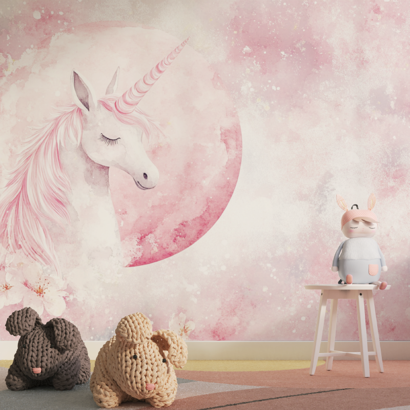 Unicorn Decor Wallpaper for Teen Room Pink Moon | Murals Wallpaper
