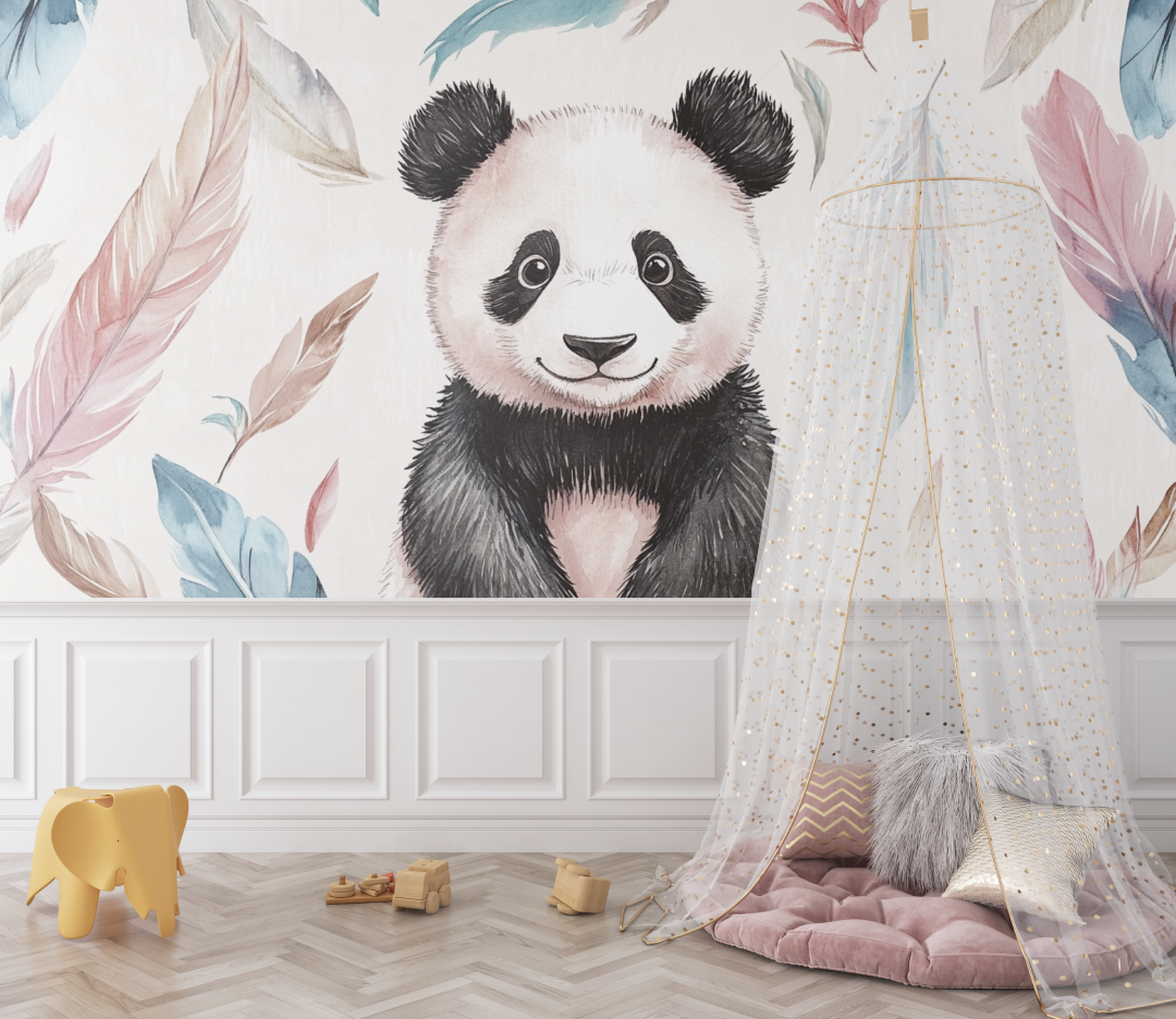 Bohemian Panda and Feather Wallpaper | Murals Wallpaper