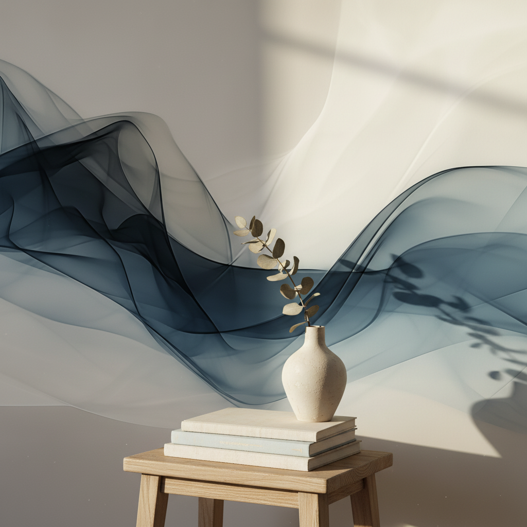 Blauwe rook abstracte golven muurschildering behang