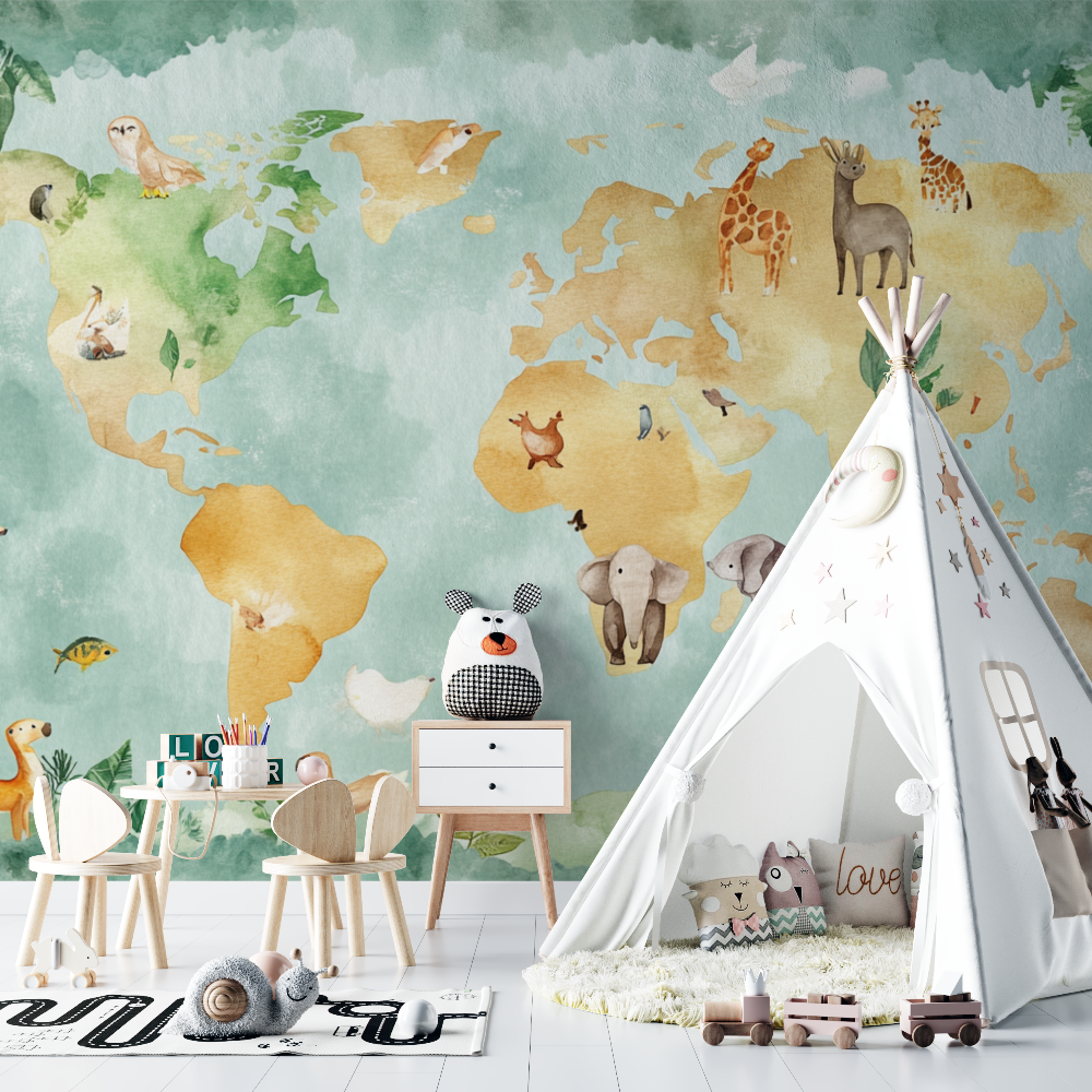 Colored World Map Wallpaper with Animals | Murals Wallpaper