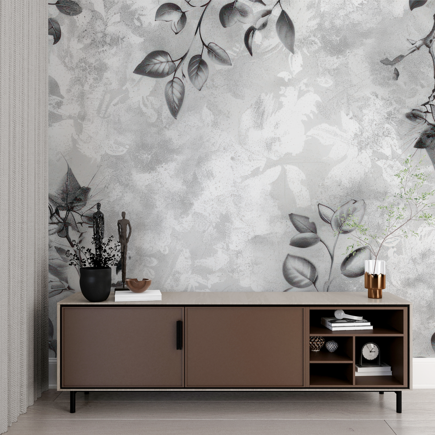 Graue und weiße Blumentapete | Wandtapete