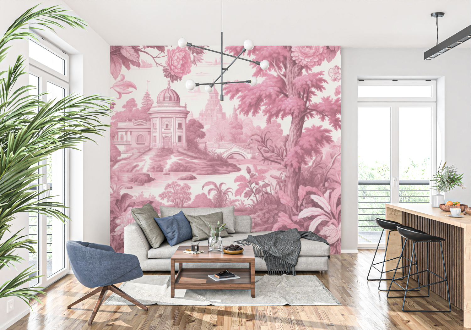 Papier Peint Toile De Jouy Rose Vif - Tapete