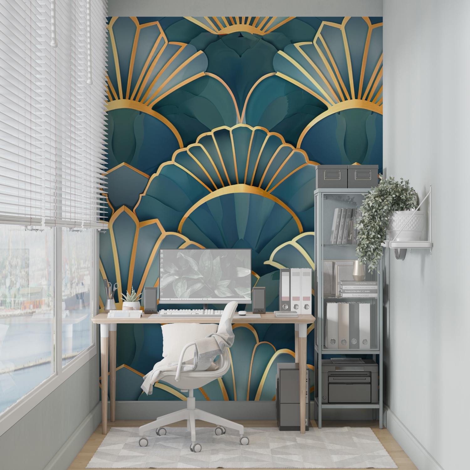 Art Deco Shells Blue Gold Wallpaper | Murals Wallpaper