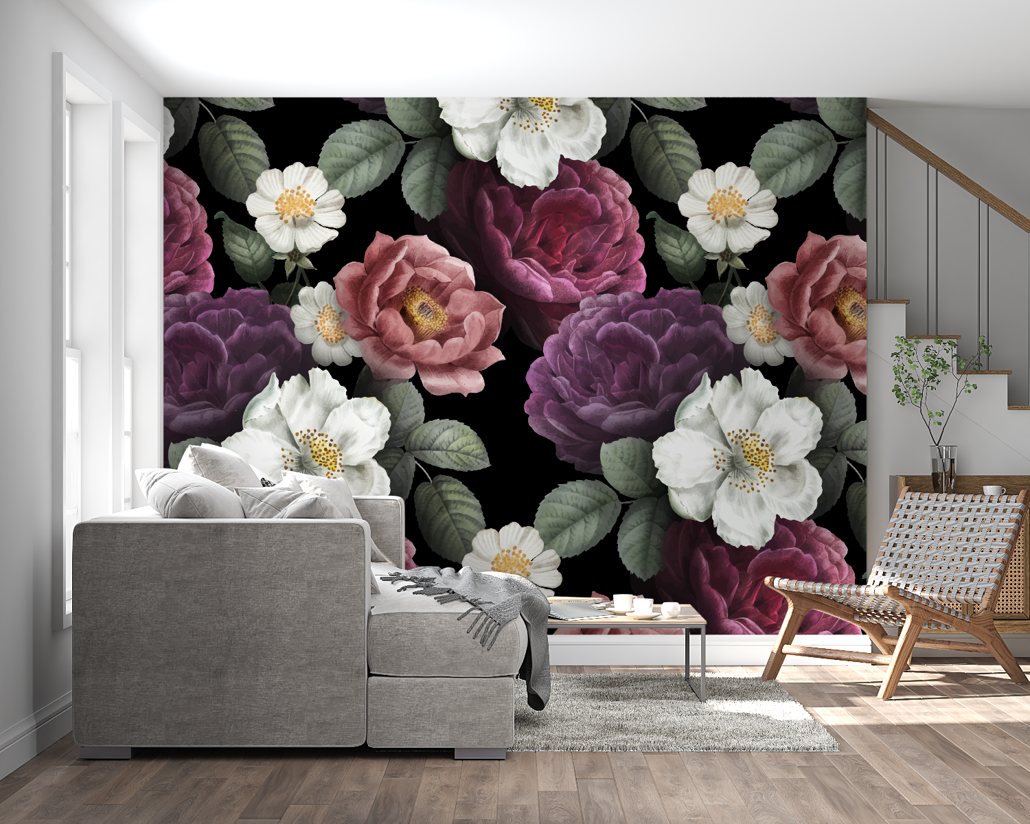 Floral Wallpaper Black Background | Murals Wallpaper