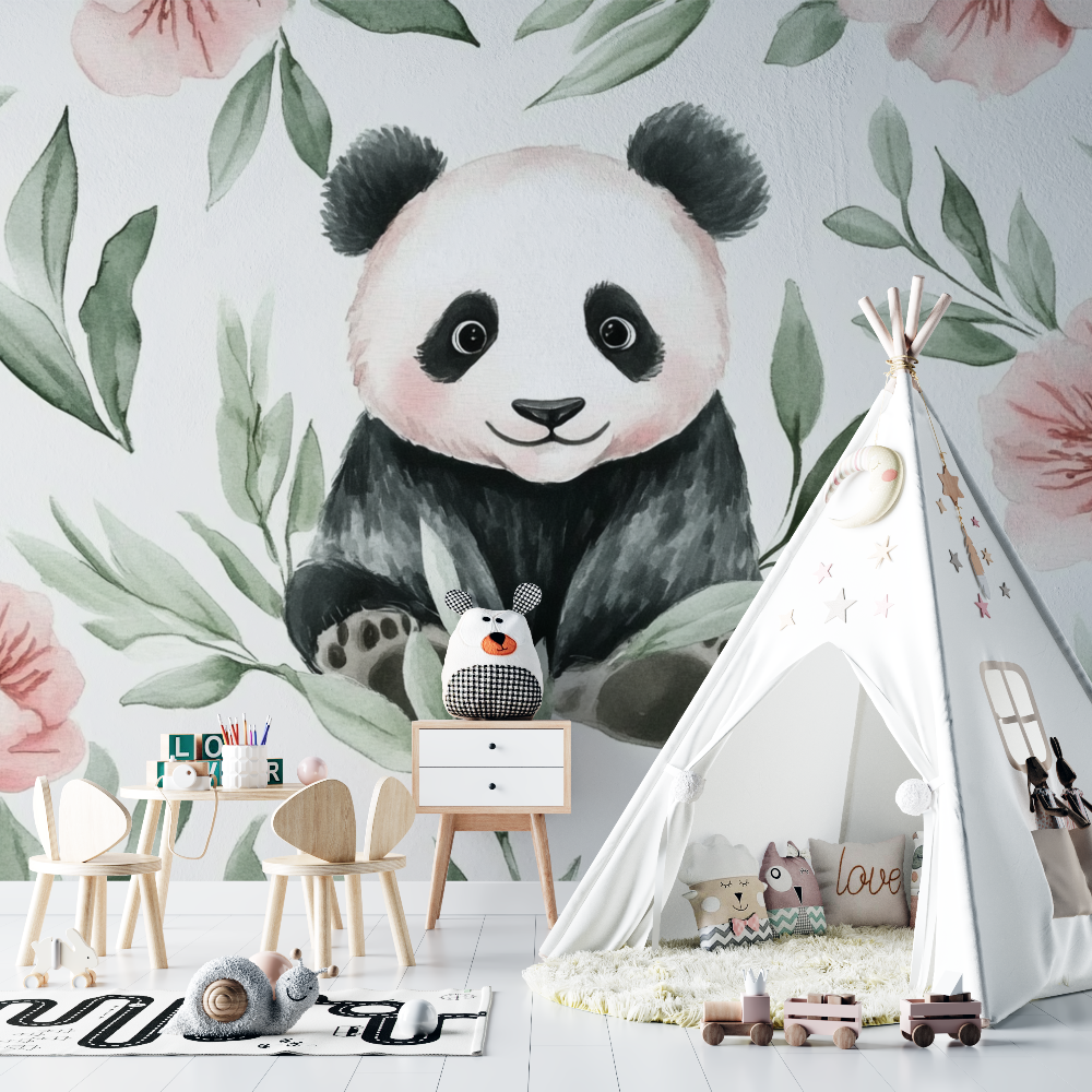 Watercolor Panda and Foliage Wallpaper | Murals Wallpaper