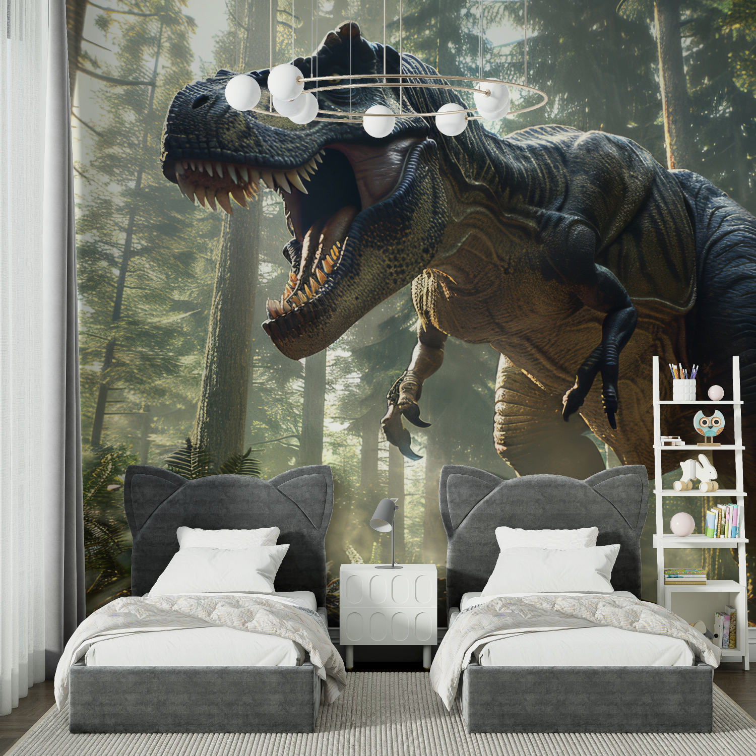 Tapete Dinosaurier T-Rex Sauvage – Zimmer mit Garçon-Beleuchtung