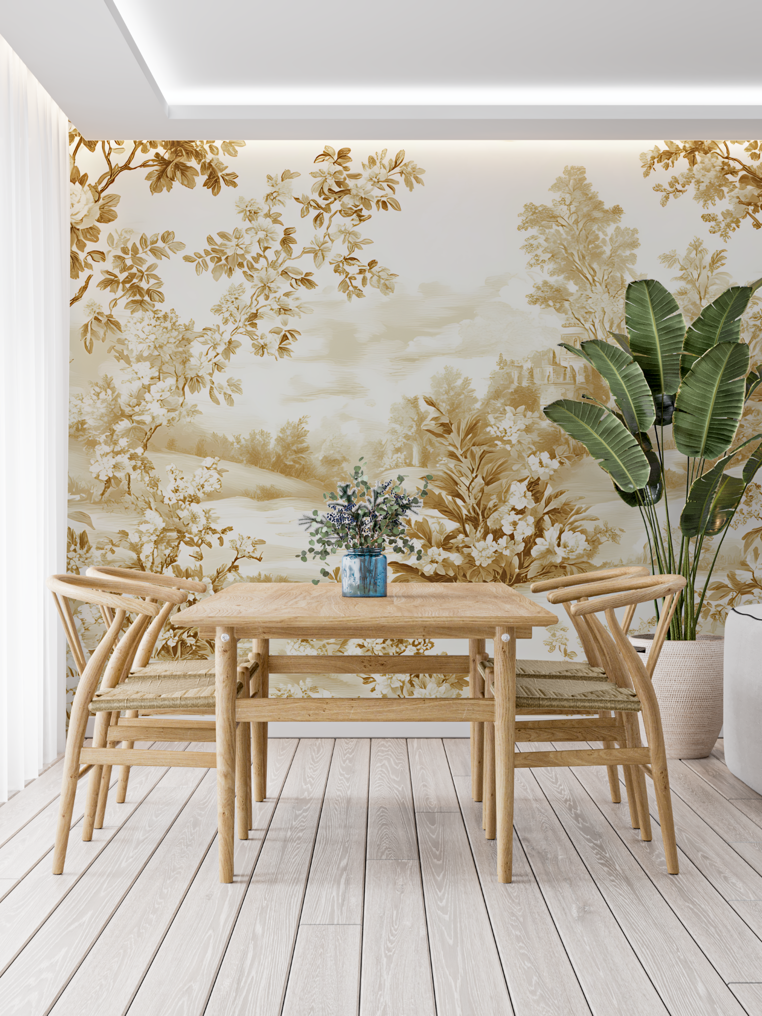 Beige Yellow Toile de Jouy Wallpaper | Murals Wallpaper