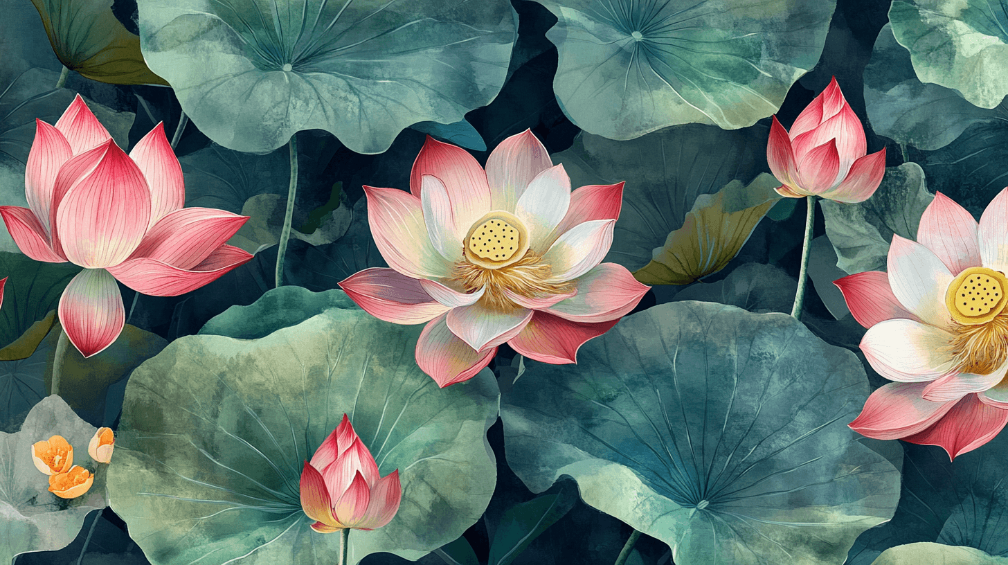 Watercolor Lotus and Green Leaves Wallpaper | Murals Wallpaper