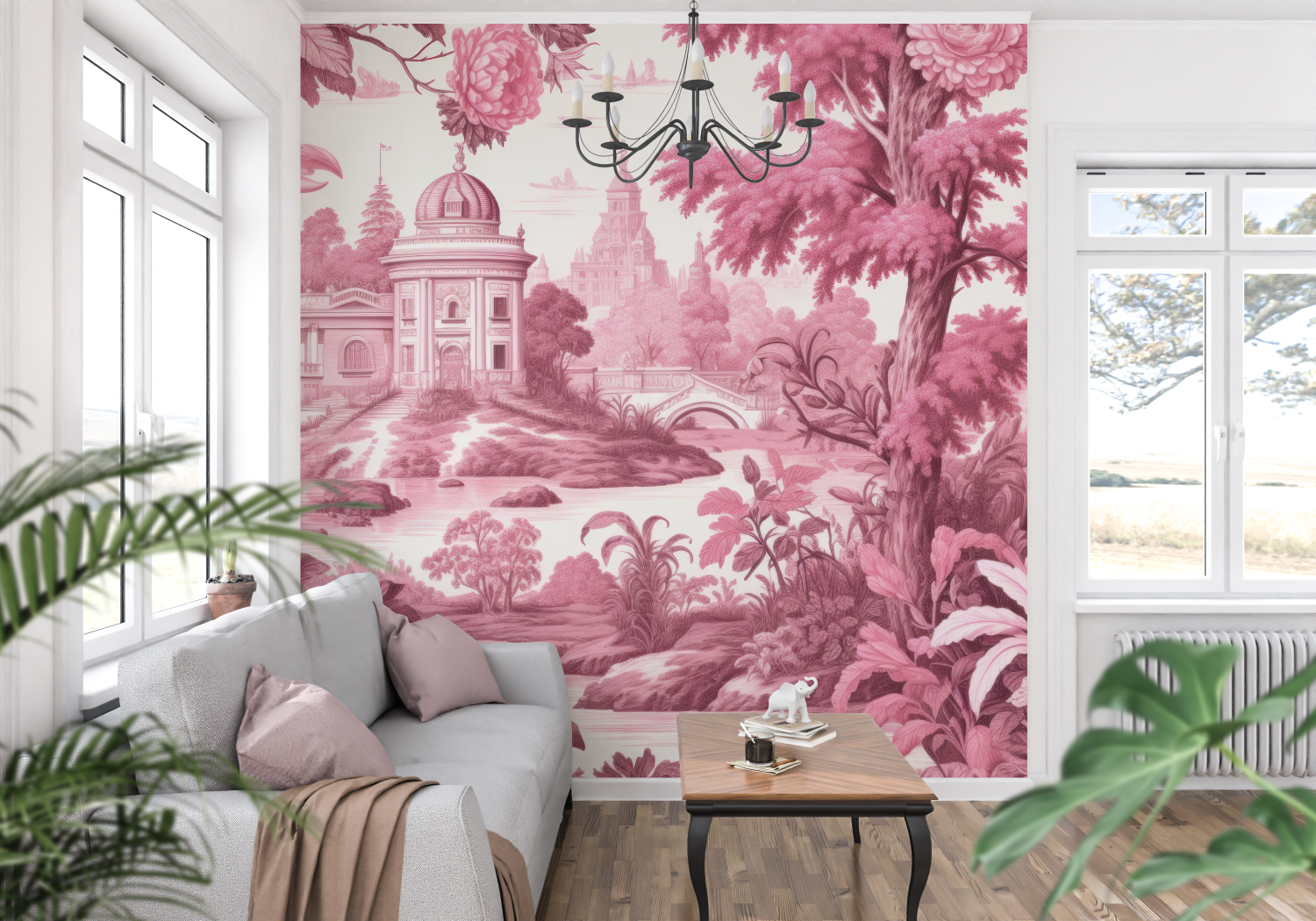 Bright Pink Toile Wallpaper | Murals Wallpaper