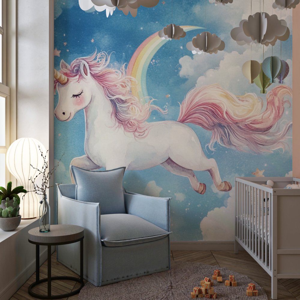 Unicorn Wallpaper Decoration for Boy's Room with Rainbow and Blue Sky | Murals Wallpaper