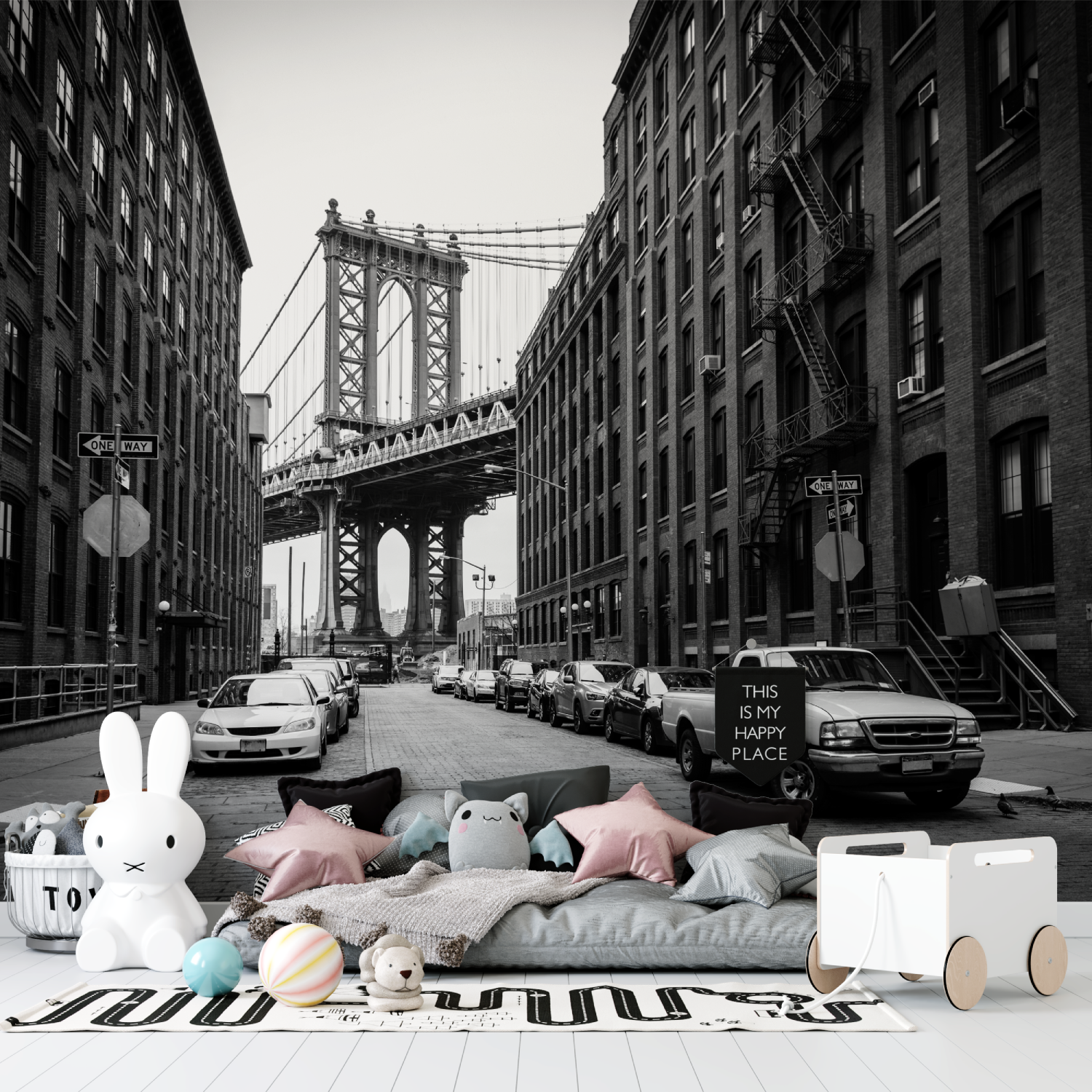 Brooklyn Schwarz-Weiß-Auto-Tapete | Wandbilder