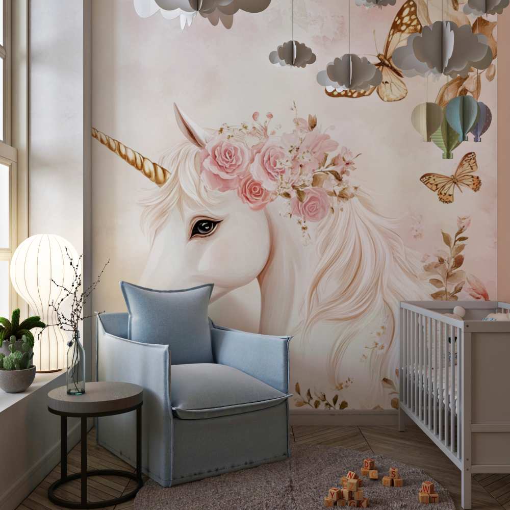 Papier peint licorne princesse ...es fleurs chambre de fille