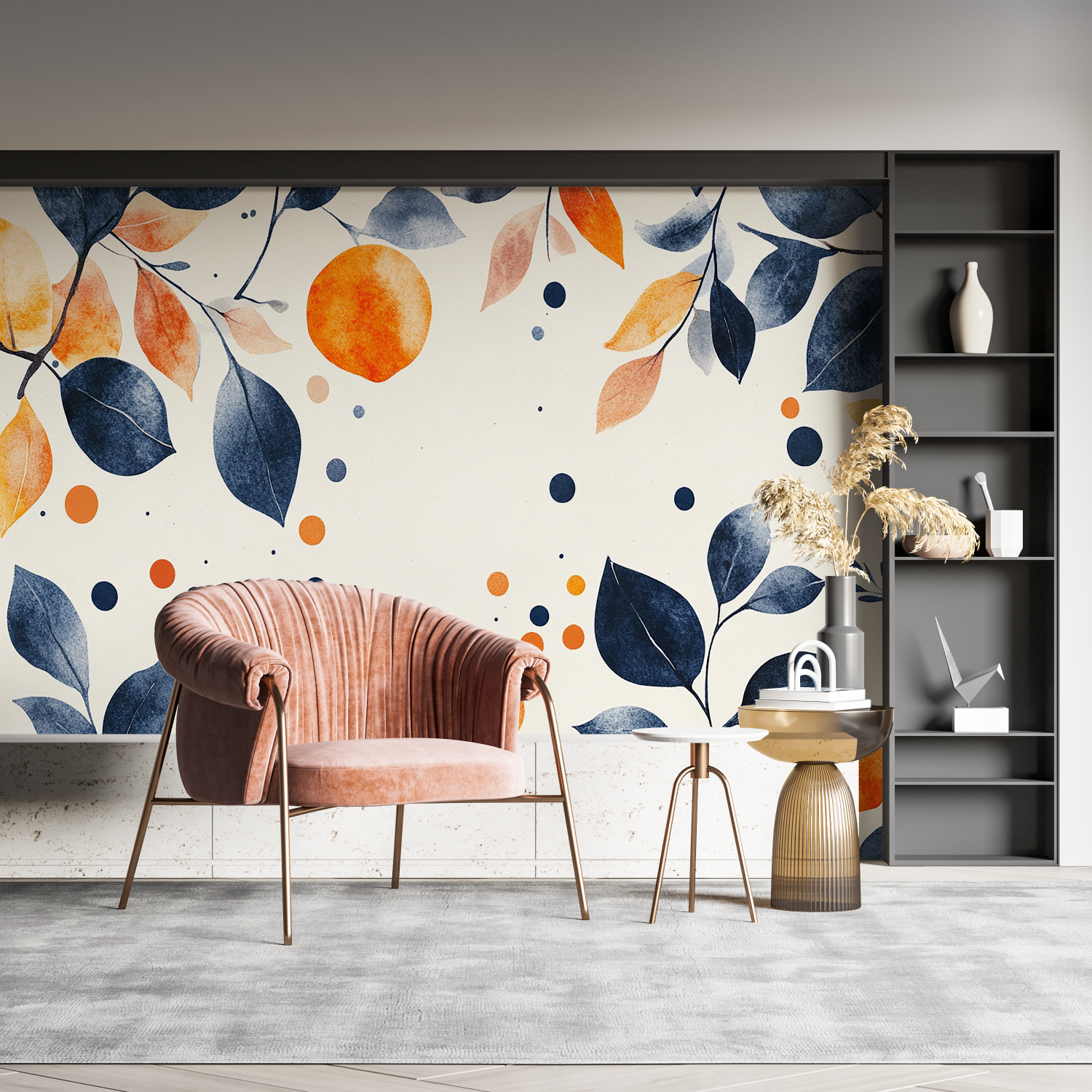 Blue Floral and Orange Wallpaper | Murals Wallpaper