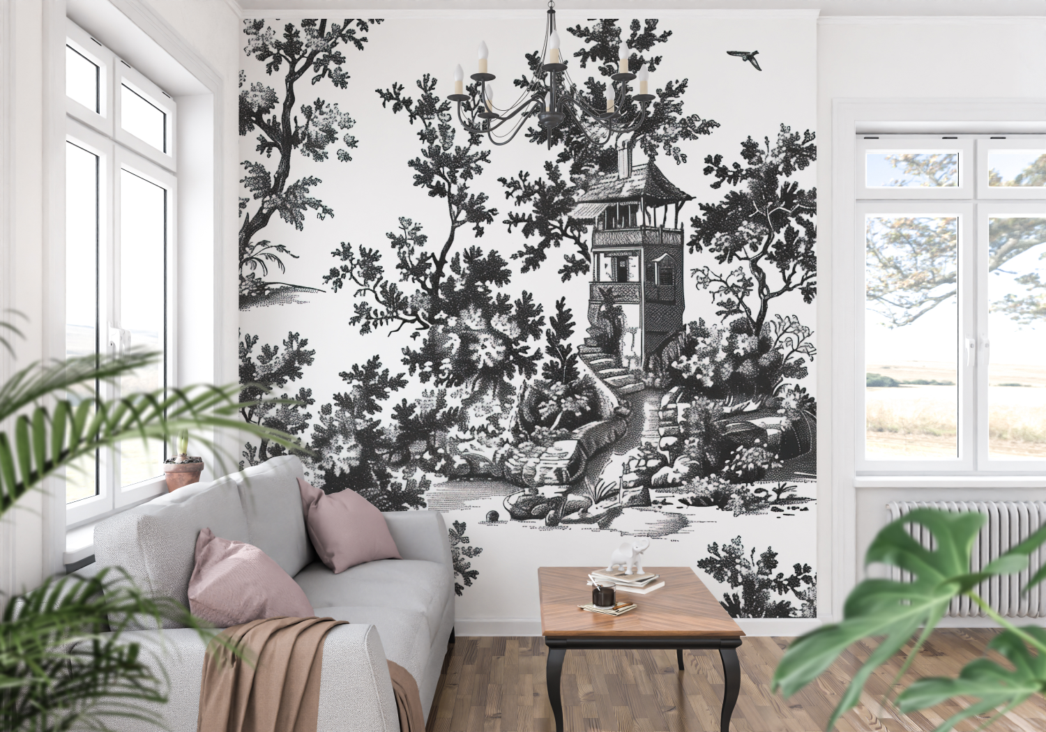 Toile-de-Jouy-Tapete in Schwarz-Weiß | Wandtapete