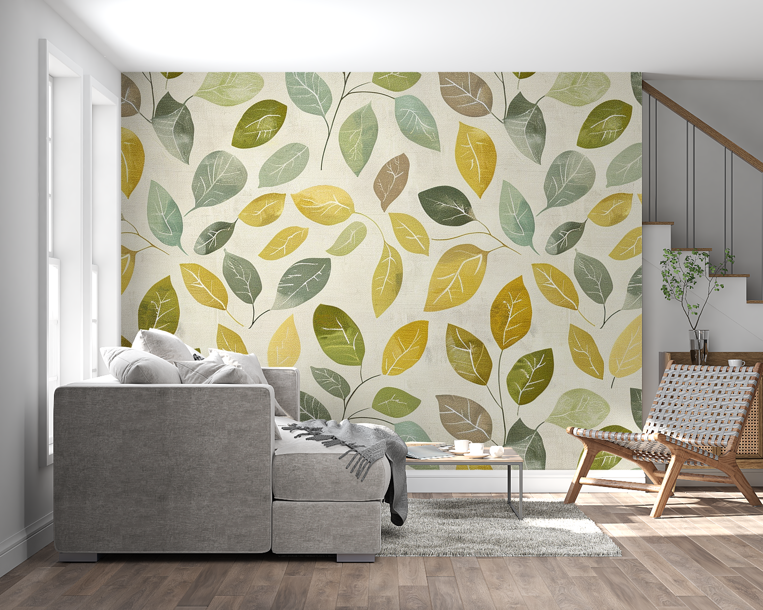 Tapete mit grünem und gelbem Laubmuster | Wandtapete