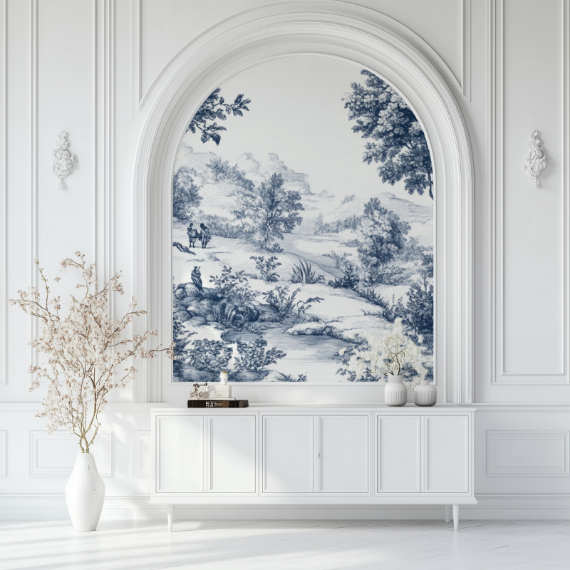 Papier peint vintage jouy salon blanc