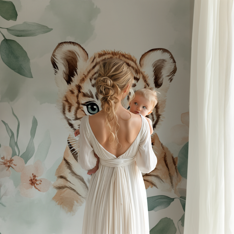 Tiger and Eucalyptus Leaves Wallpaper | Murals Wallpaper