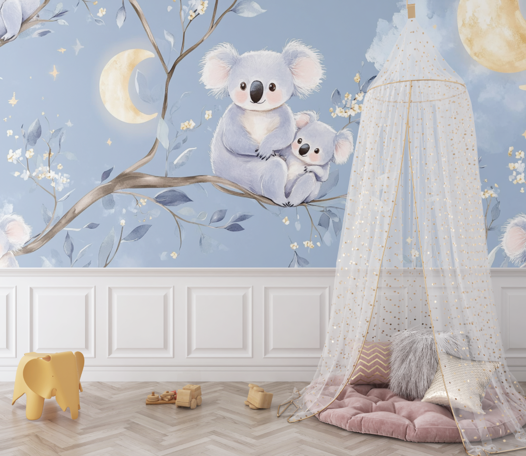 Pastellfarbene Koala-Tapete mit goldenem Mond | Wandbilder Tapete