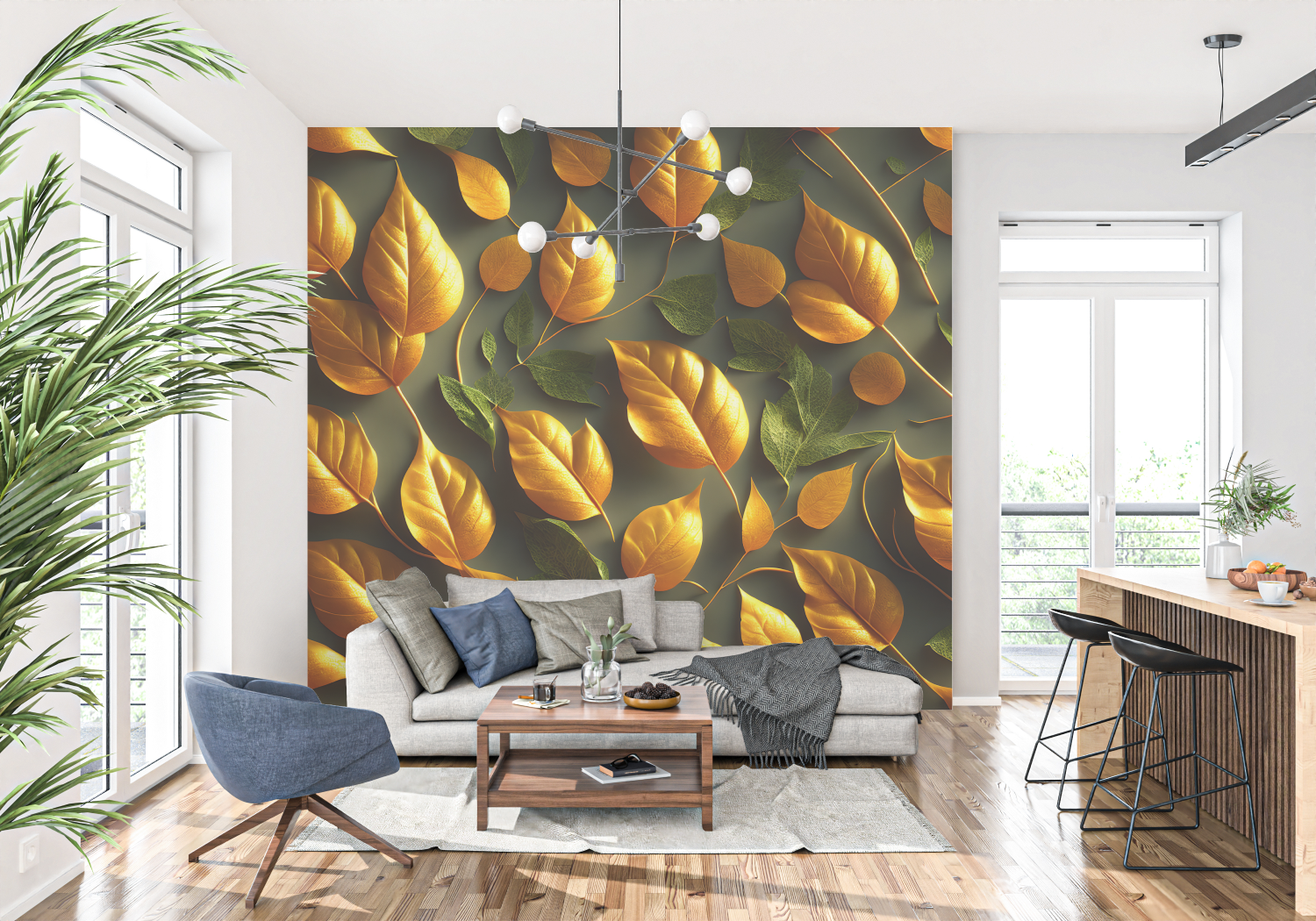 Tapete mit orangefarbenen und grünen Blättern | Wandtapete