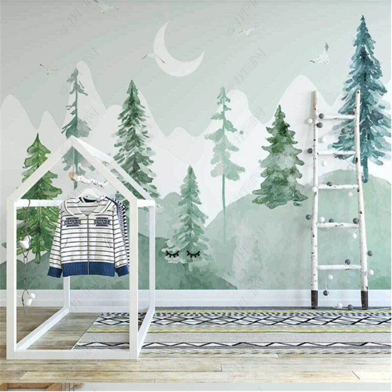 Mural Classic Baby Wallpaper Watercolor Green Forest