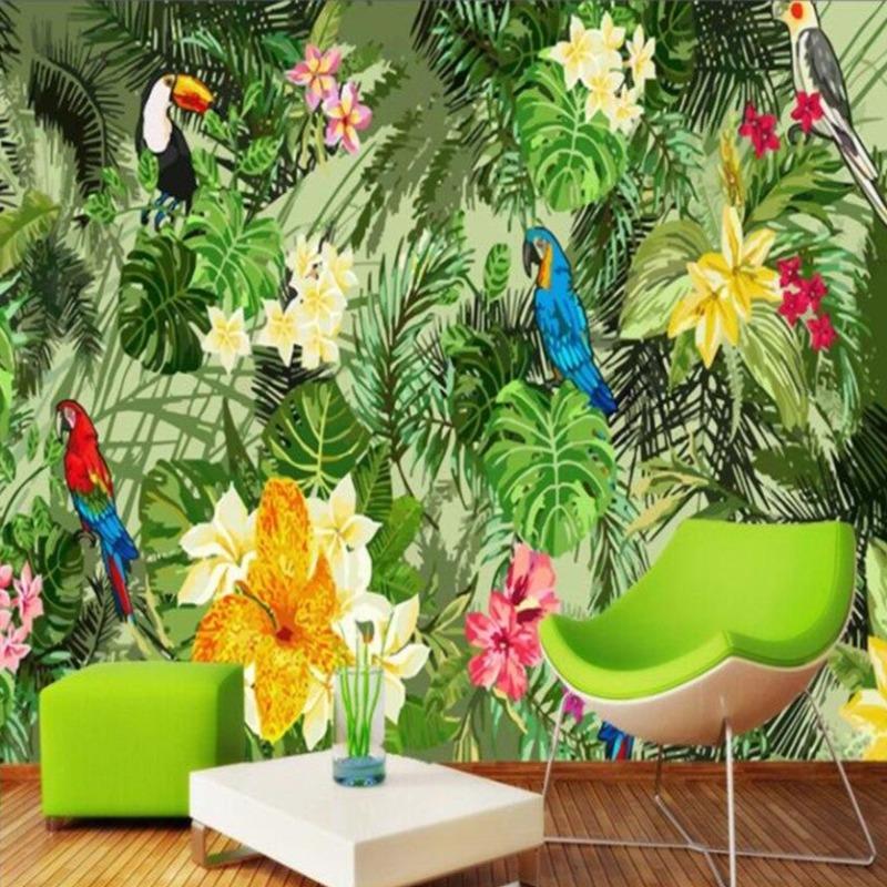 Vögel Tapete mit Laub und Papagei | Wandbilder Tapete