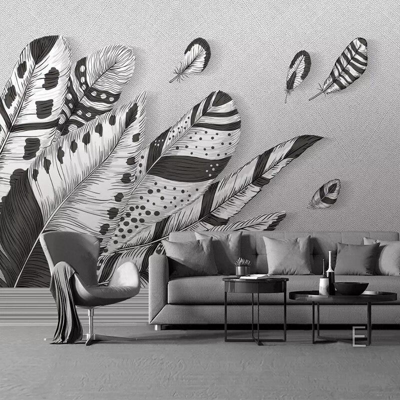 Schwarz-weiße Federtapete | Wandtapete