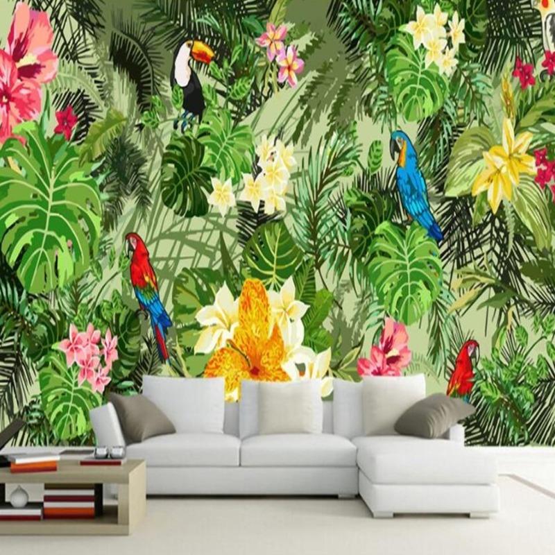 Vögel Tapete mit Laub und Papagei | Wandbilder Tapete