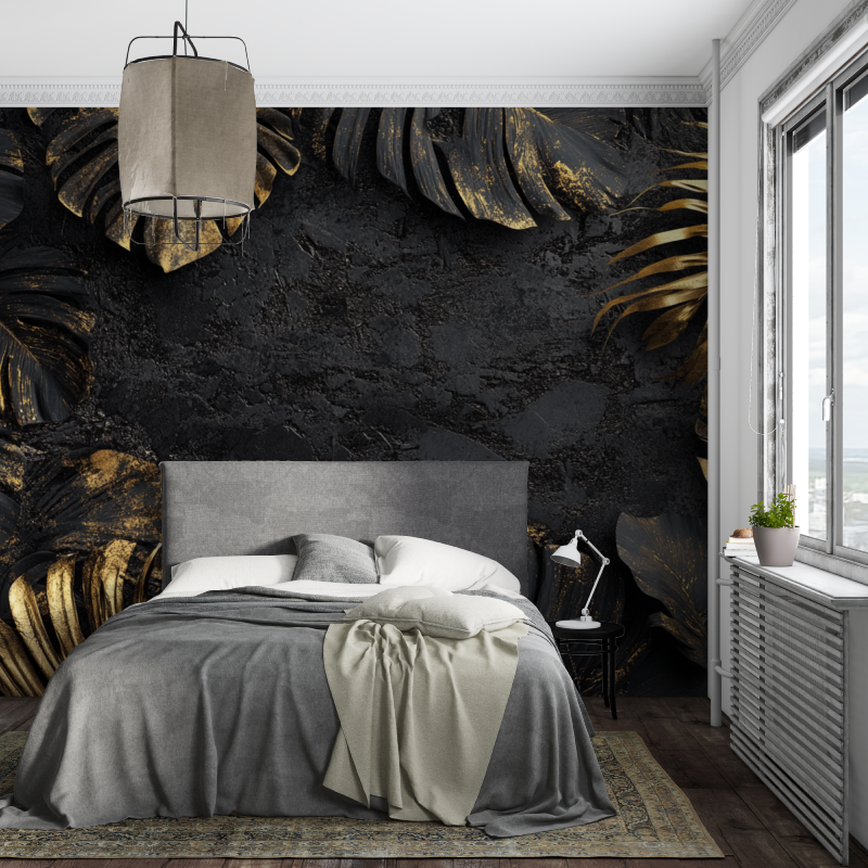 Black and Gold Leaf Mural Wallpaper for Teens | Murals Wallpaper