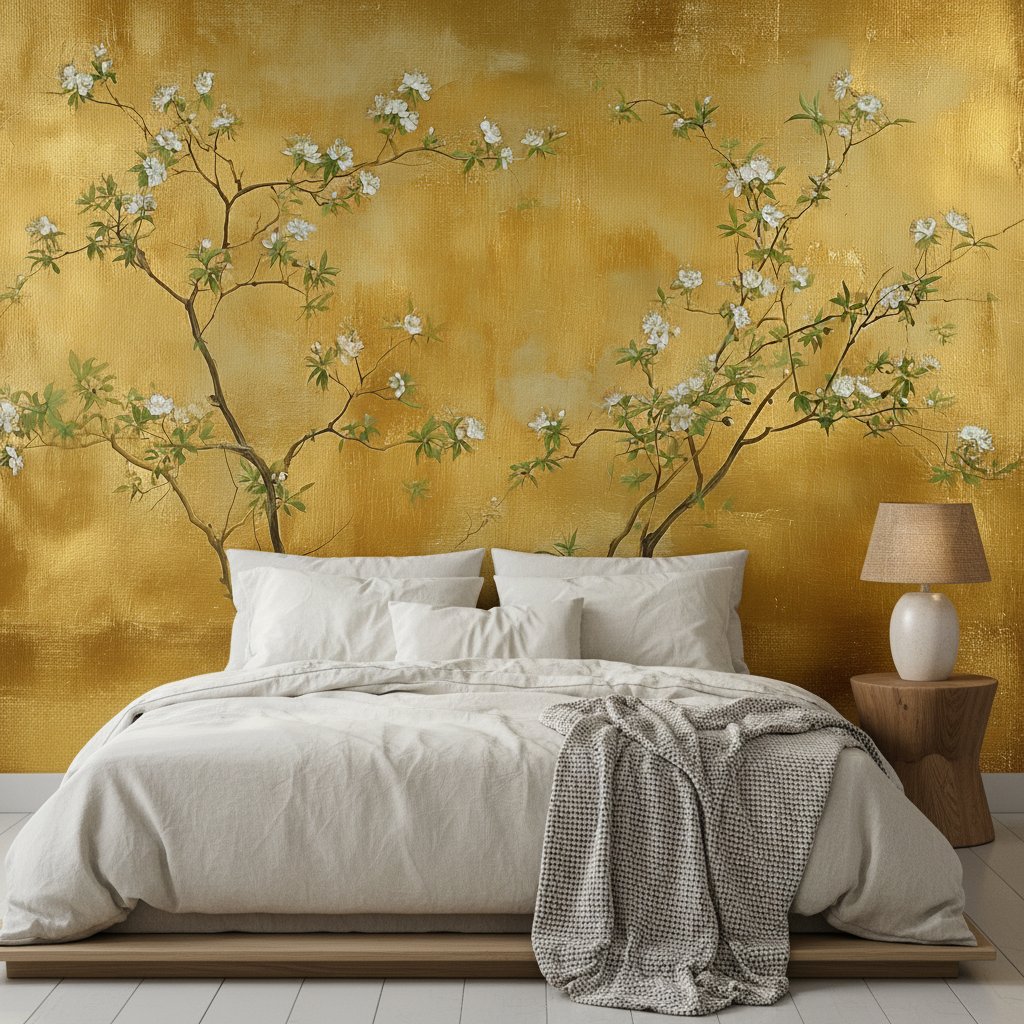 Tapete mit goldenem Chinoiserie-Blütenzweigmuster