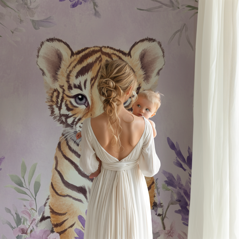 Tiger- und zarte Blumen-Tapete | Wandbildtapete