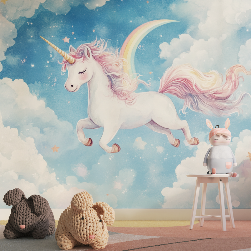 Unicorn Wallpaper Decoration for Boy's Room with Rainbow and Blue Sky | Murals Wallpaper