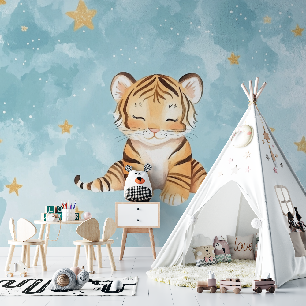 Tiger- und Sternenhimmel-Tapete | Wandbild-Tapete