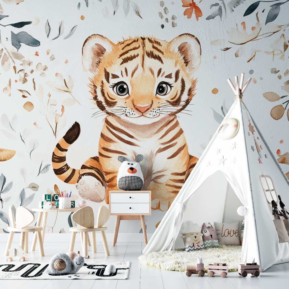Tiger Wallpaper with Childish Patterns | Murals Wallpaper