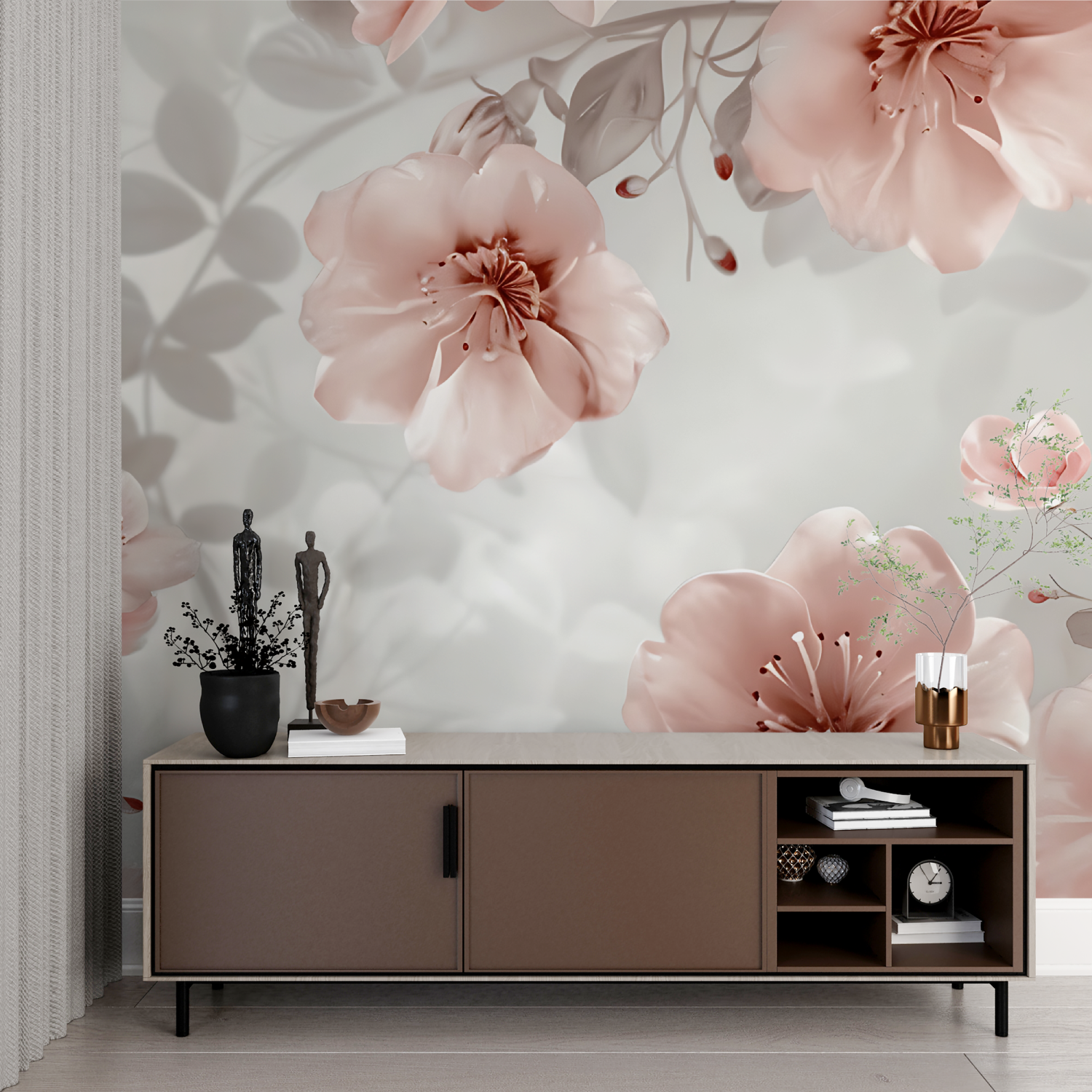 Vintage Pink and Gray Floral Wallpaper | Murals Wallpaper