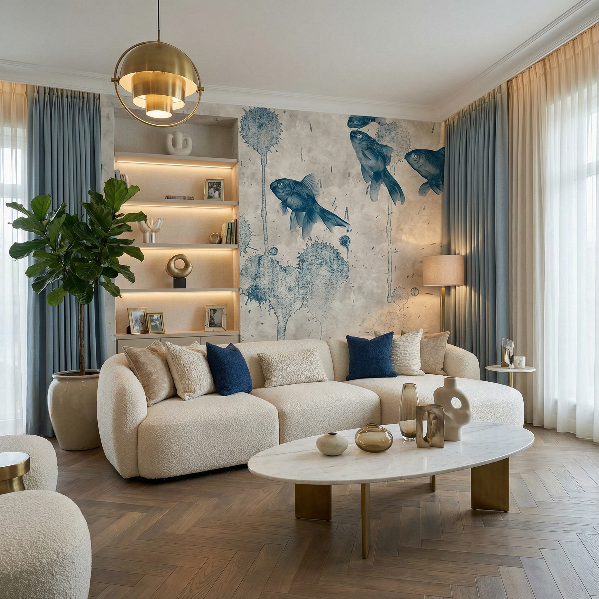 Vintage Blue Fish Illustration Mural Wallpaper