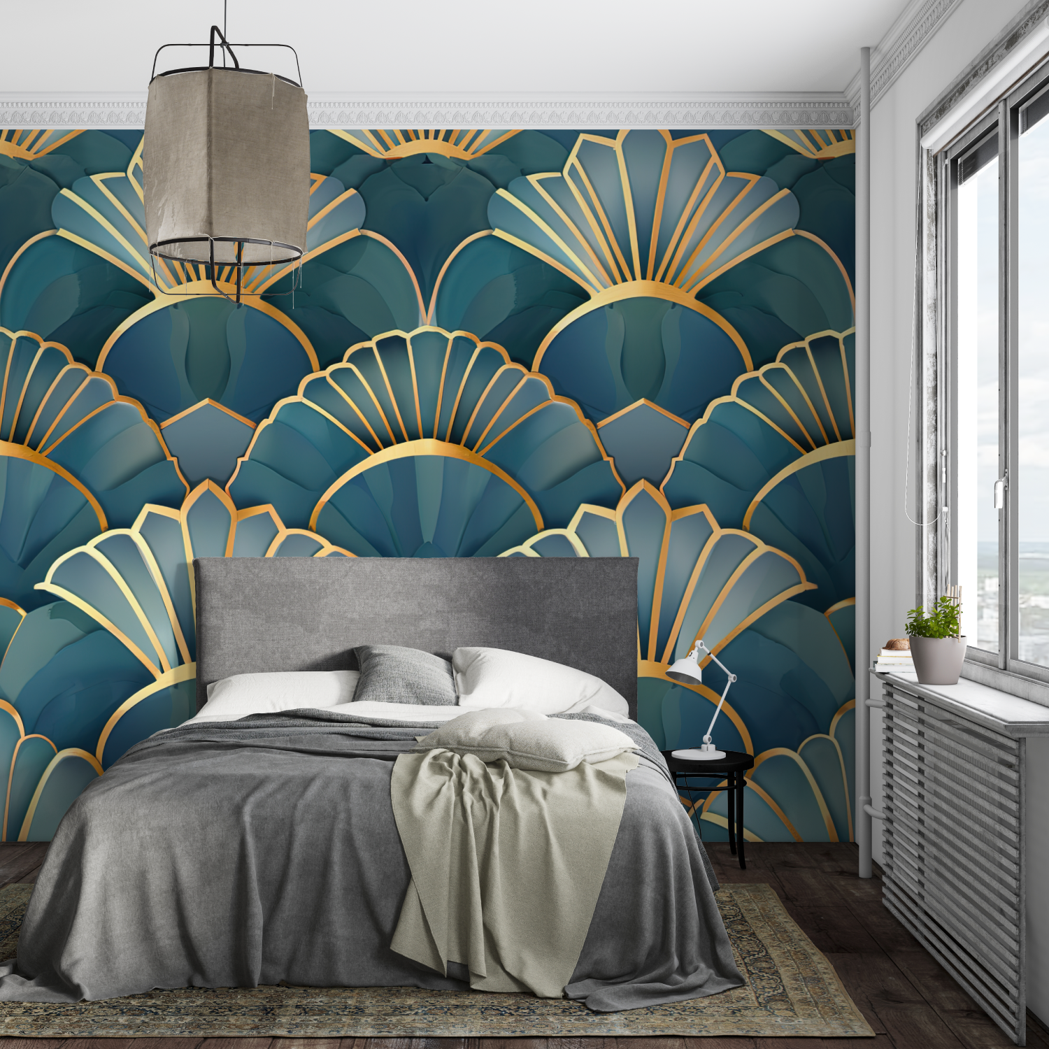 Art Deco Shells Blue Gold Wallpaper | Murals Wallpaper