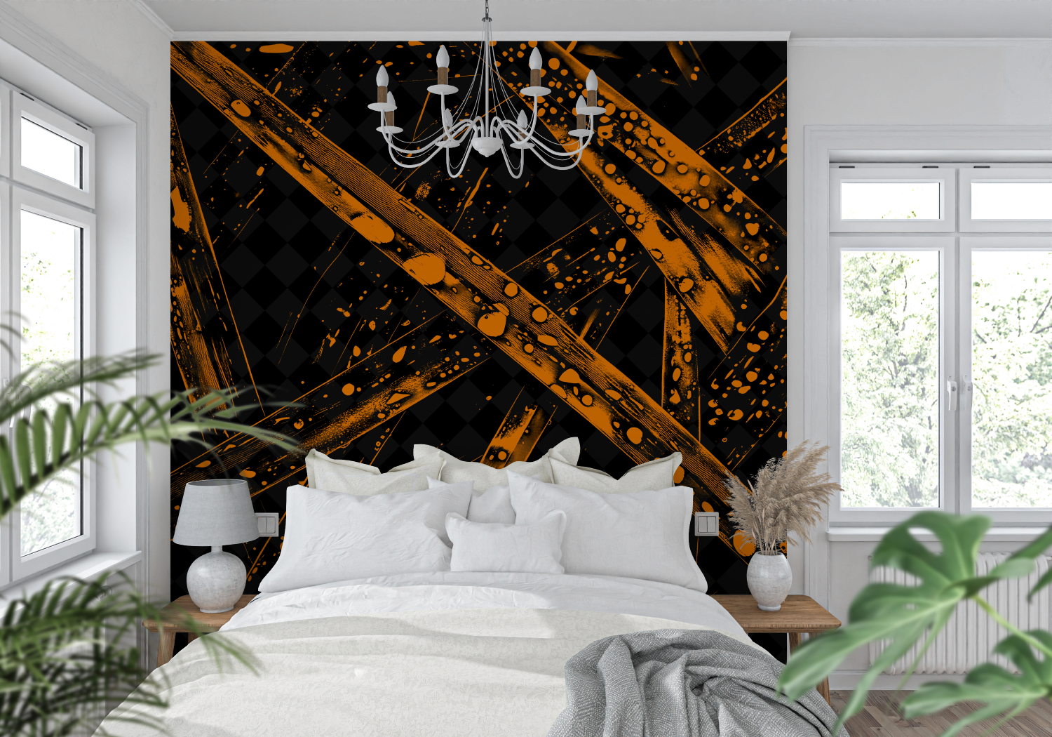Schwarze und orangefarbene Tapete | Wandtapete
