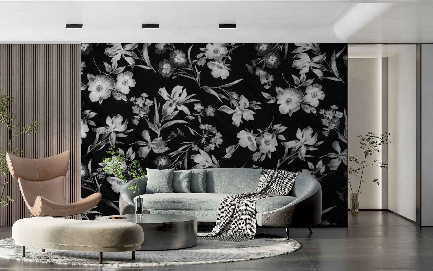 Schwarze Blumentapete | Wandtapete