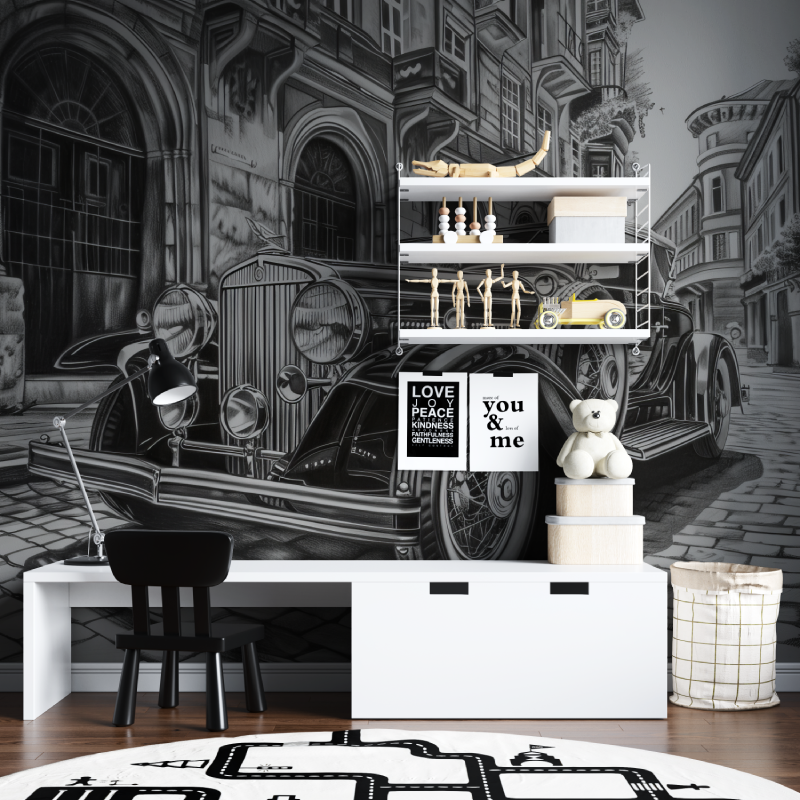Schwarz-Weiß-Auto-Zeichnung als Hintergrundbild | Wandbild-Hintergrundbild