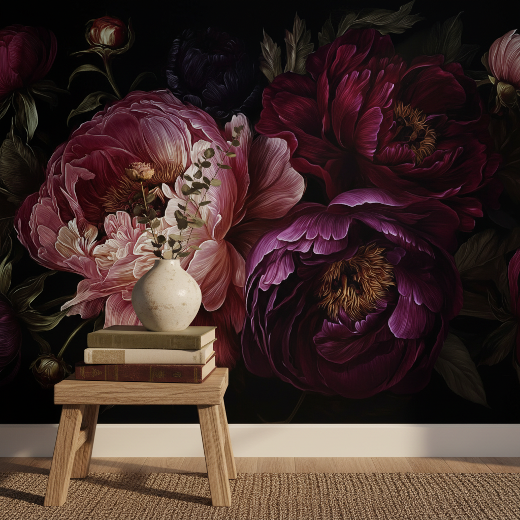 Dark Vintage Peony Floral Mural Wallpaper