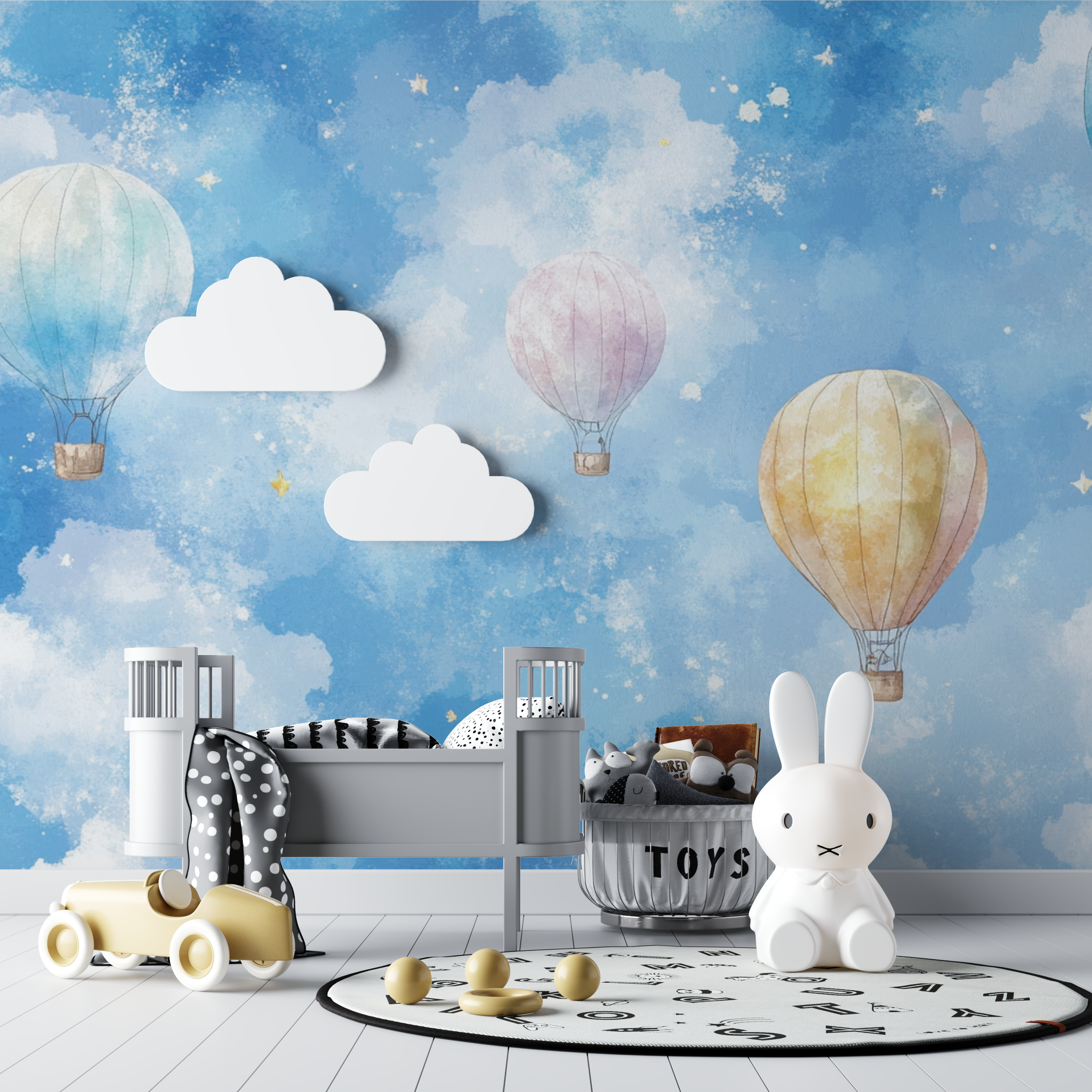 Hot Air Balloon and Silver Stars Wallpaper | Murals Wallpaper