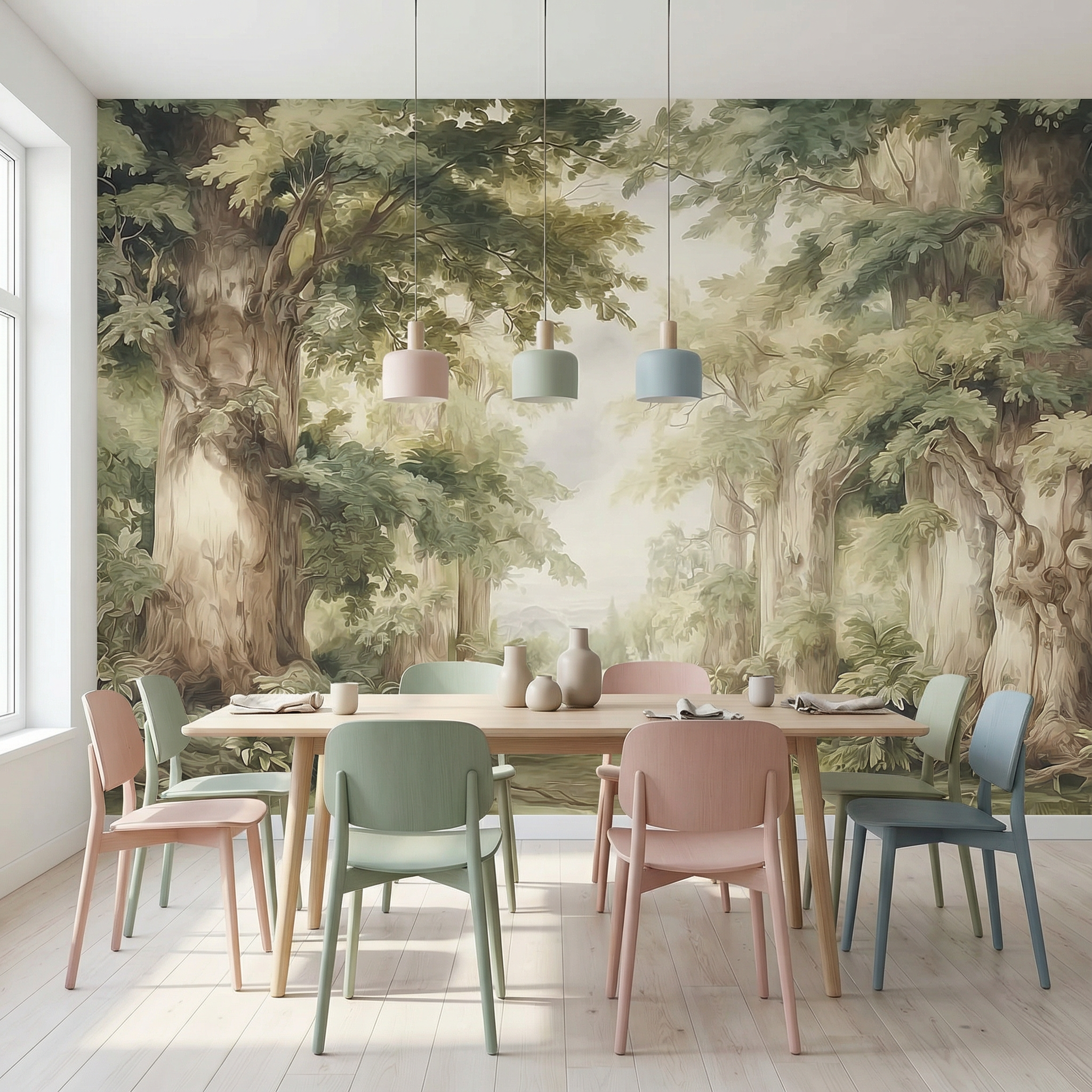 Vintage Pastel Forest Landscape Mural Wallpaper