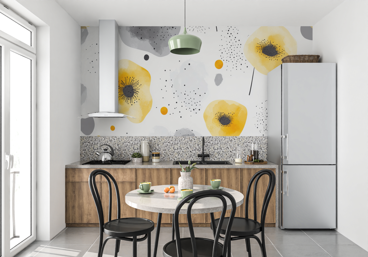 Papel de parede floral em amarelo pastel e cinzento | Murais Papel de parede
