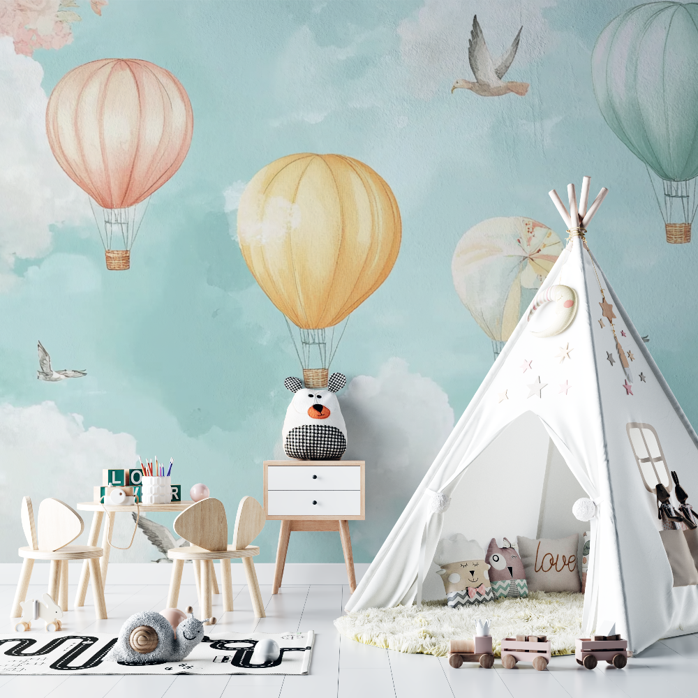 Hot Air Balloon and Flying Birds Wallpaper | Murals Wallpaper