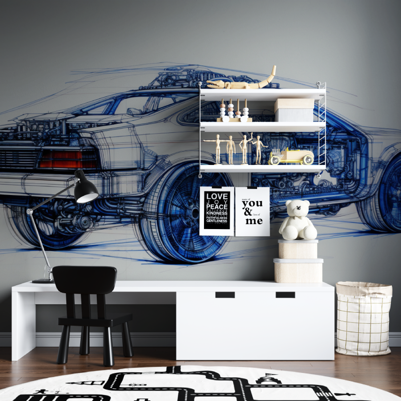 Blue Car Technical Drawing Wallpaper | Murals Wallpaper