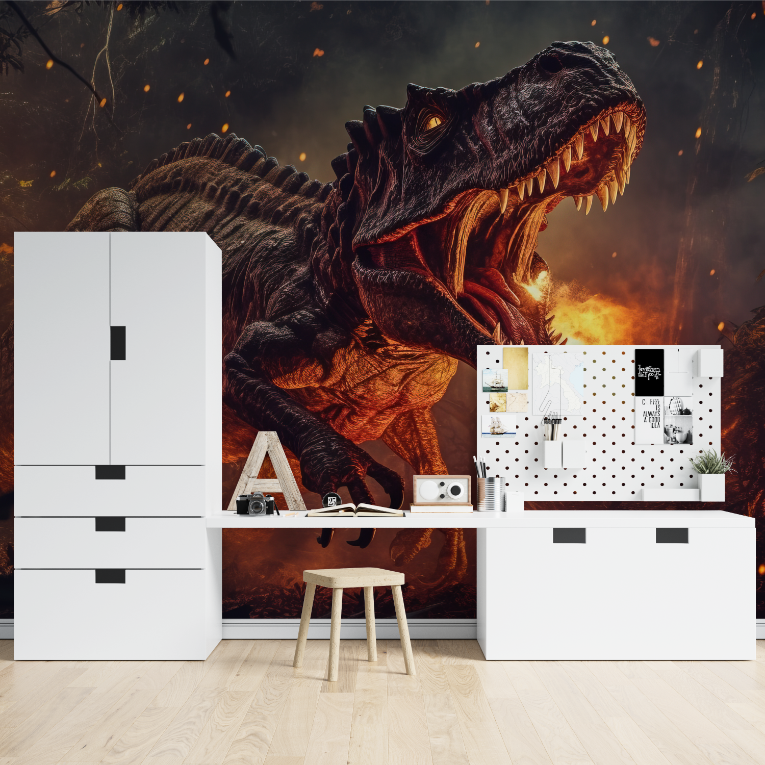 Dinosaurier T-Rex Feuer-Tapete | Wandbild-Tapete