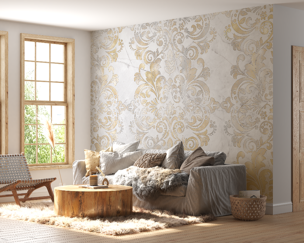 Beige and Gold Baroque Mural Wallpaper