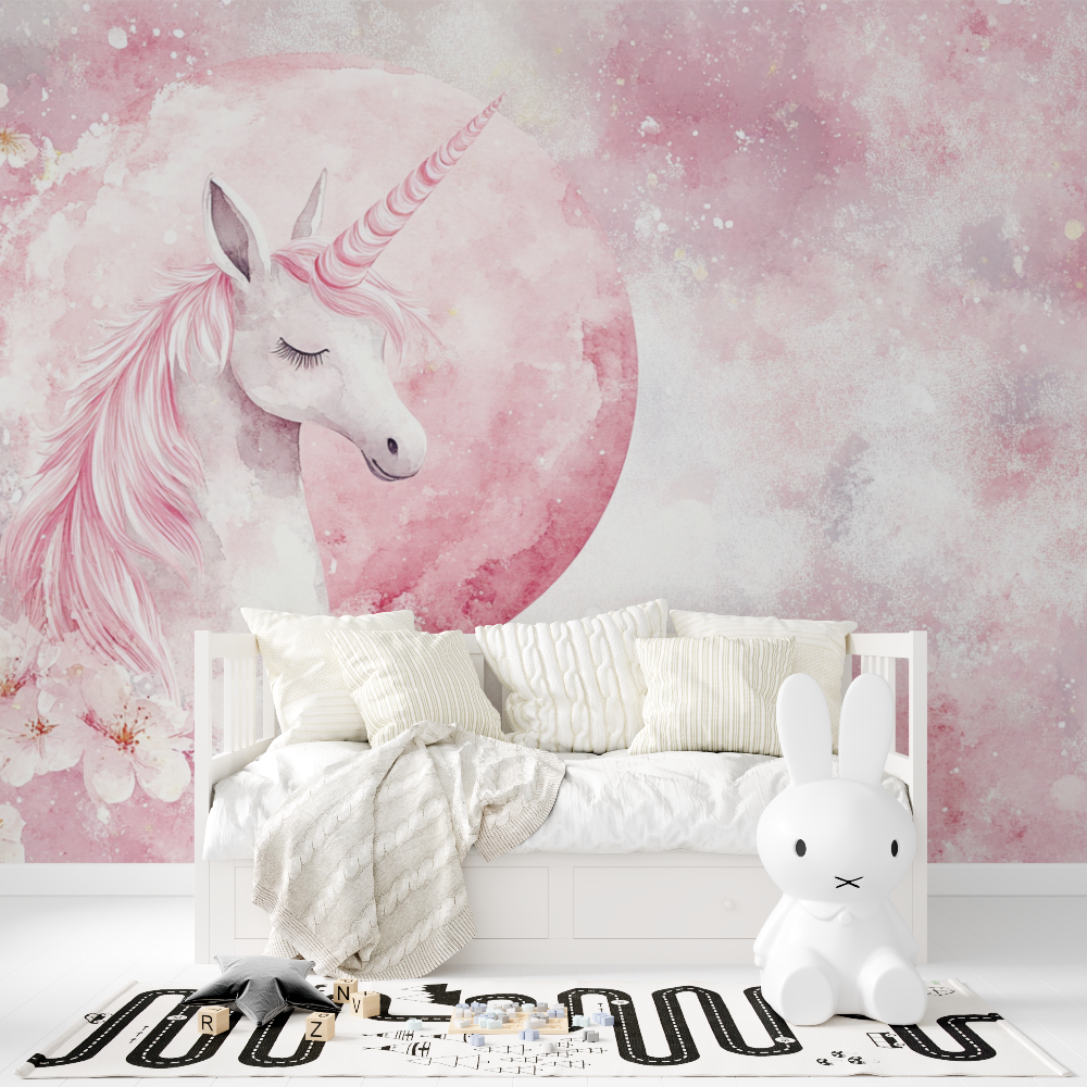 Papel de parede de decoração de unicórnio para quarto de adolescentes Lua cor-de-rosa | Murais Papel de parede